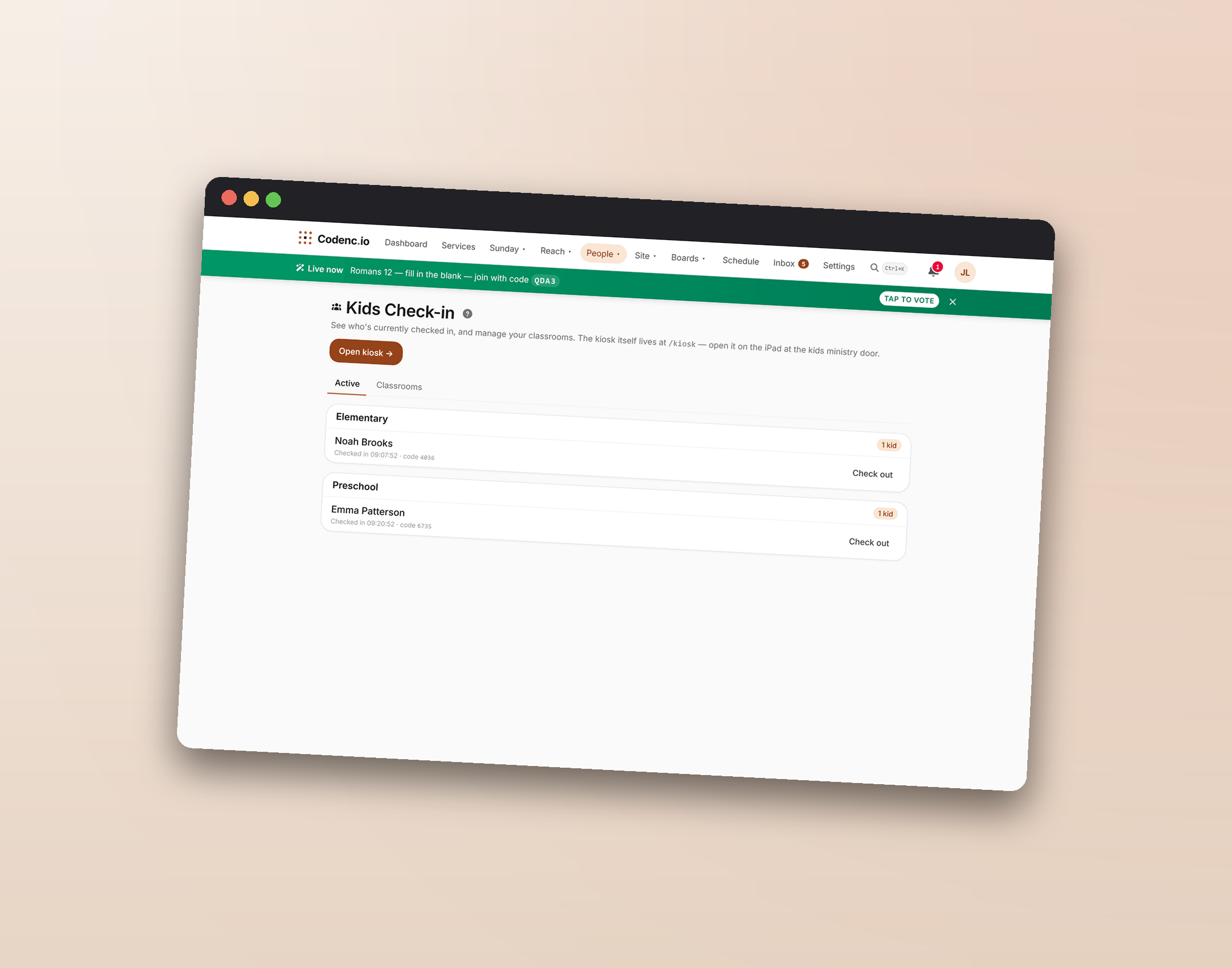 Kids check-in admin: live 'who's currently checked in' view + Open kiosk button + Active/Classrooms tabs