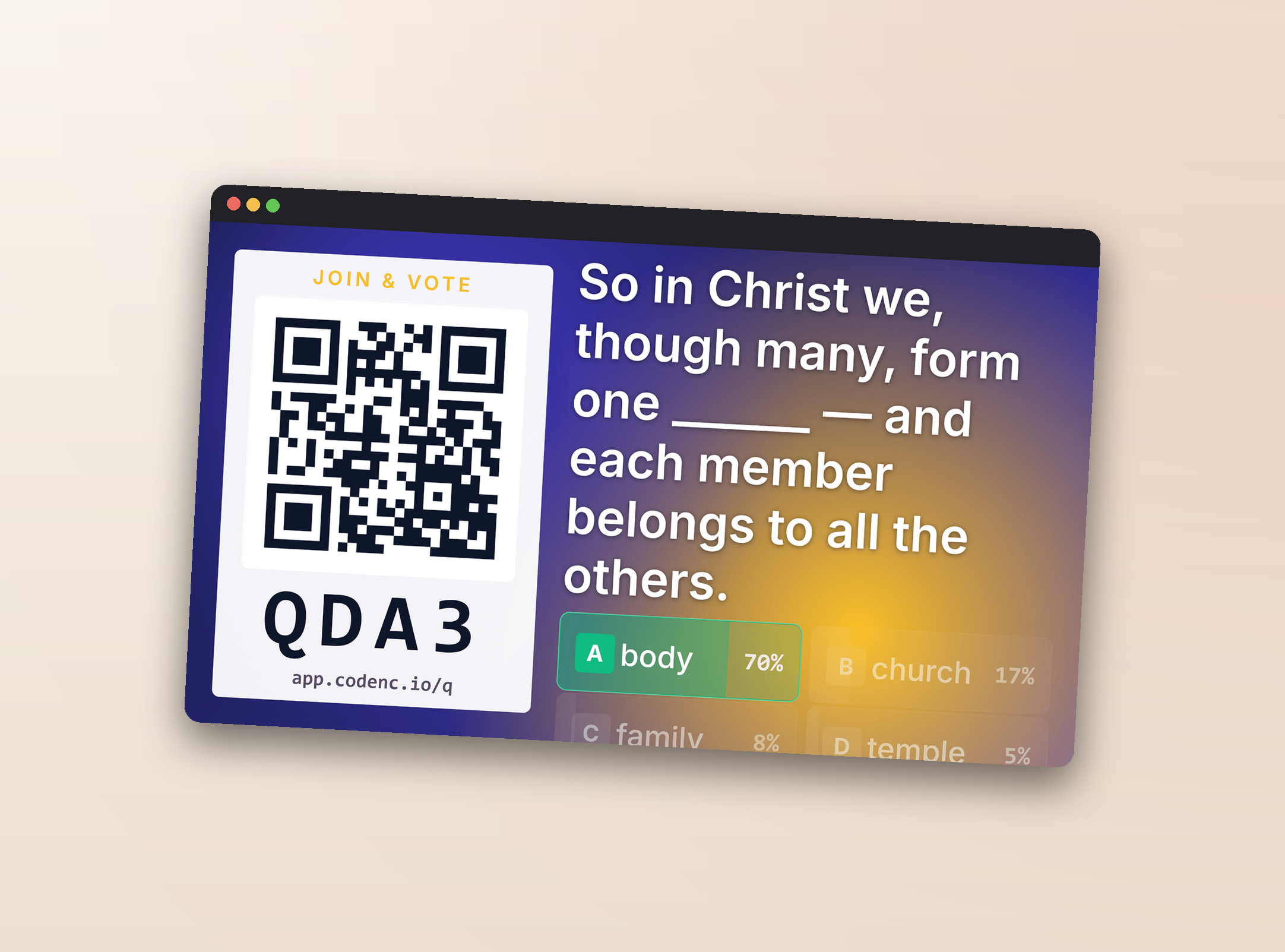Projector audience quiz with QR + 4-character join code + four answer choices with live percentages