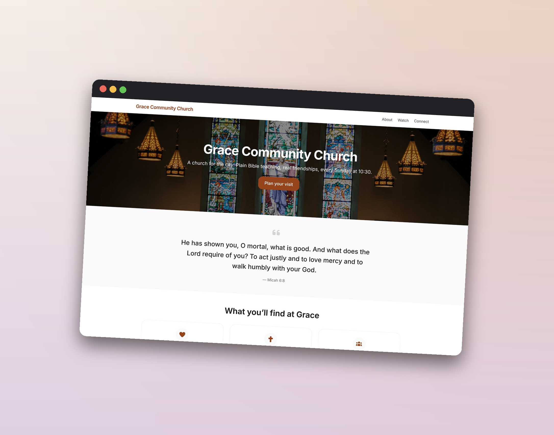 A church website published with Codencio — homepage with stained-glass hero + values cards