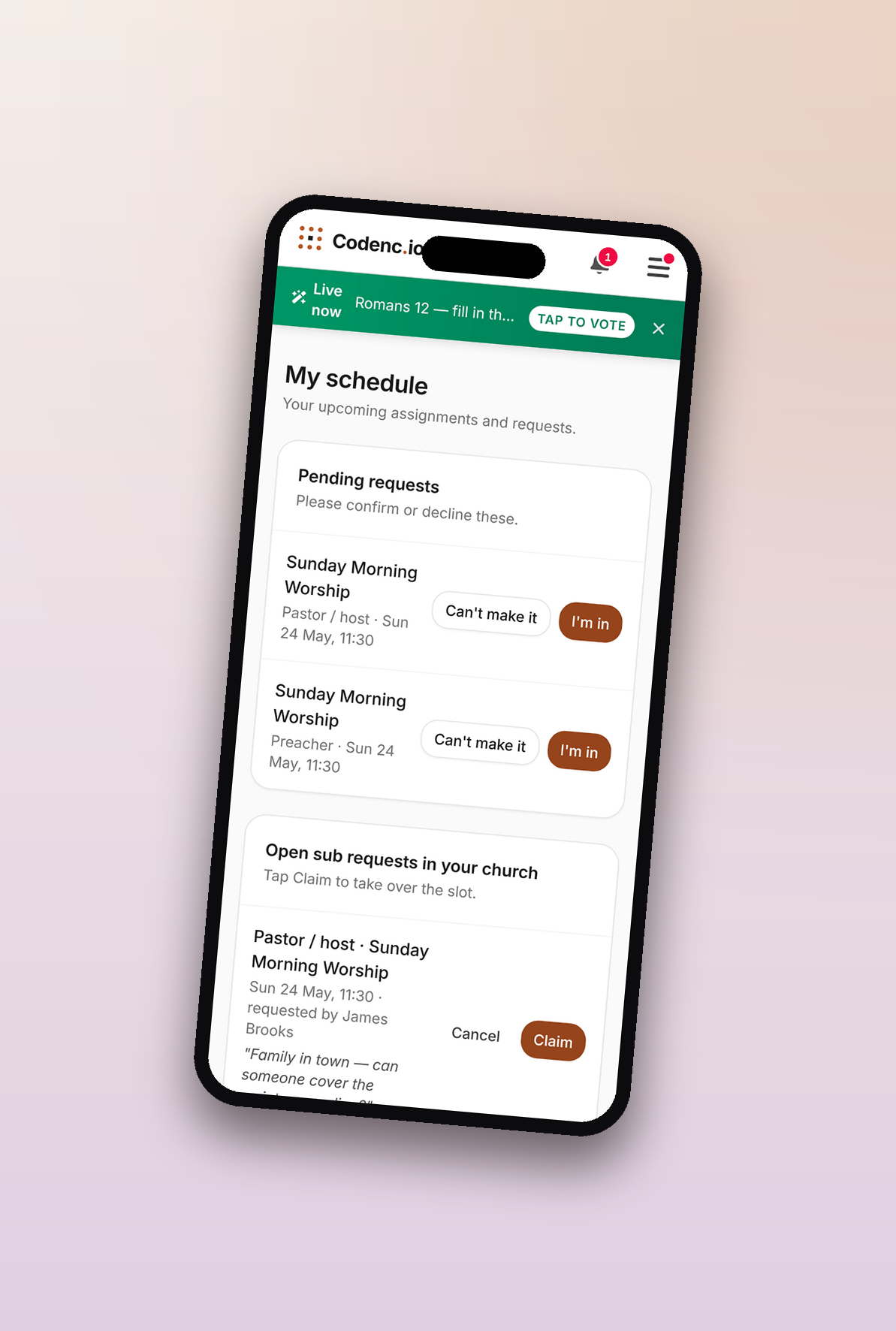 Volunteer's schedule page on a phone with confirm / decline buttons